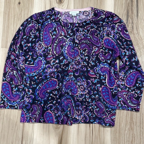 Garnet Hill Paisley Purple Lightweight Cardigan Sweater Women’s Large - Picture 1 of 3